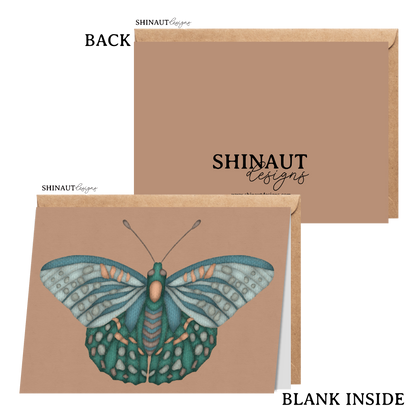 seaglass butterfly greeting card with kraft envelope showing front, inside and back of card