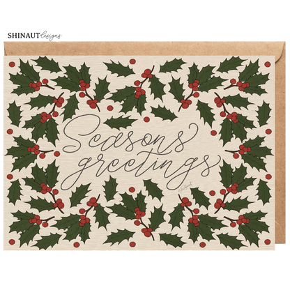 seasons greetings with holly greeting card with kraft envelope