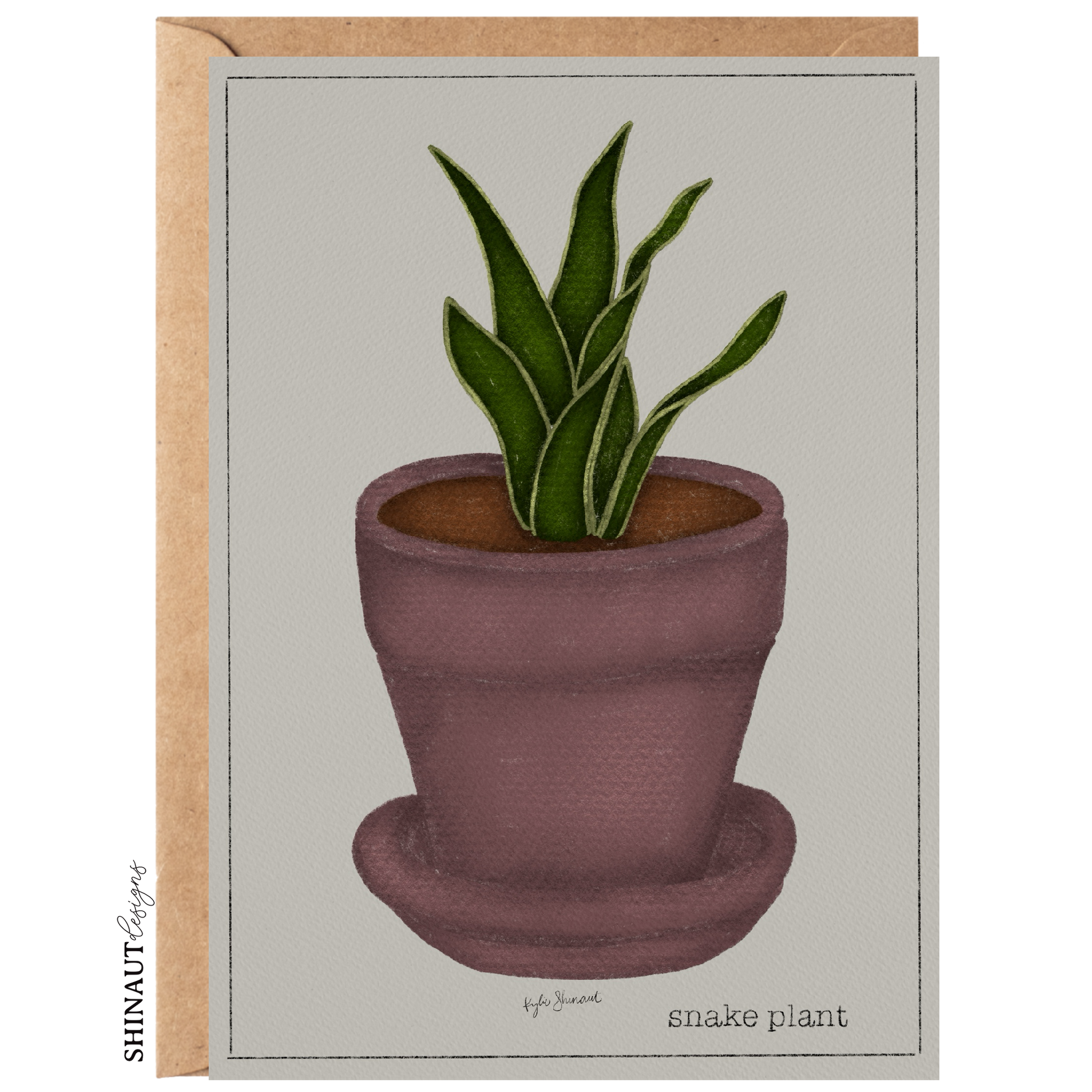 snake plant succulent greeting card with kraft envelope