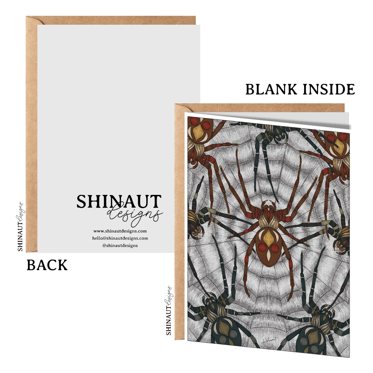 spiderweb nouveau greeting card with kraft envelope showing front, inside and back of card