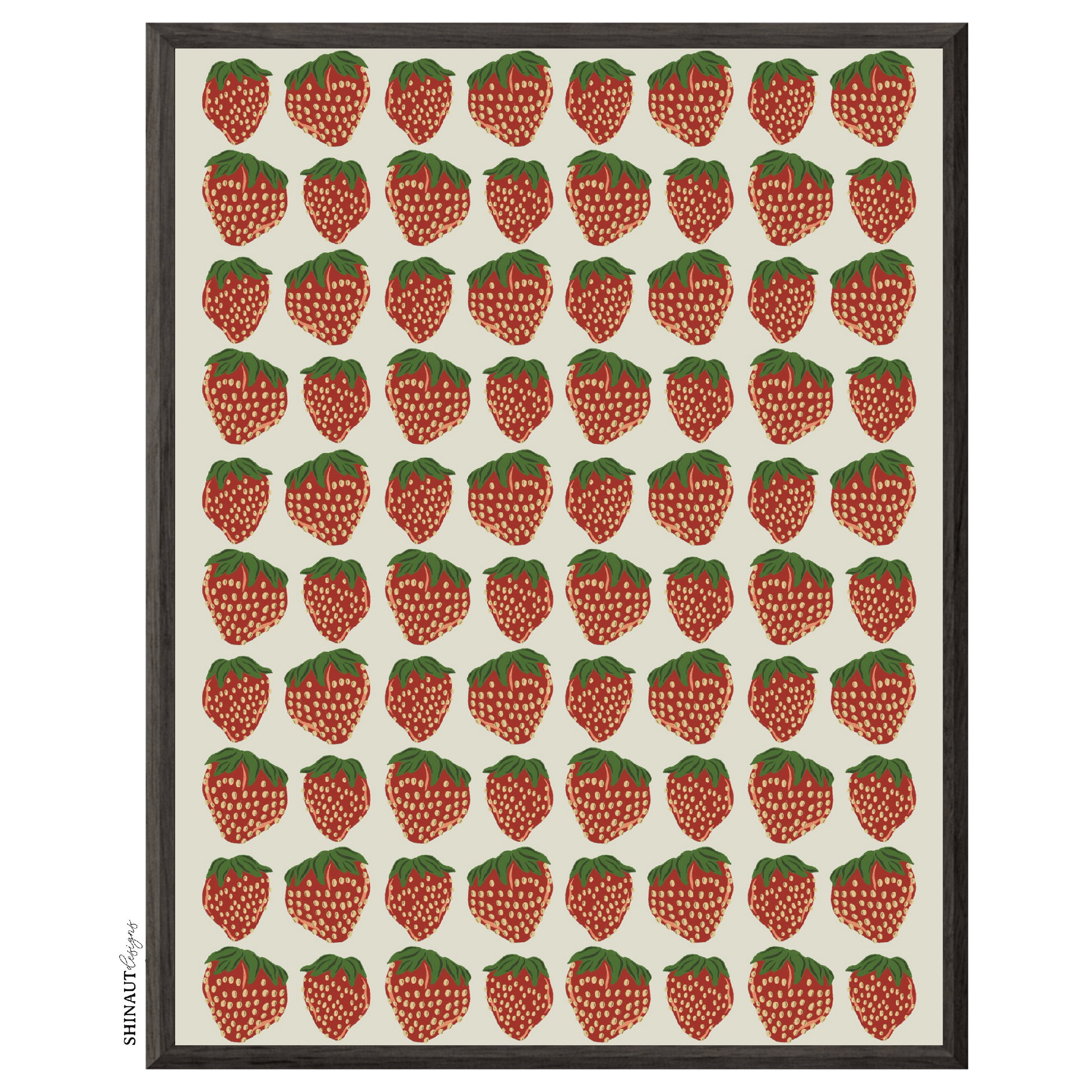 strawberries in a row art print in black picture frame