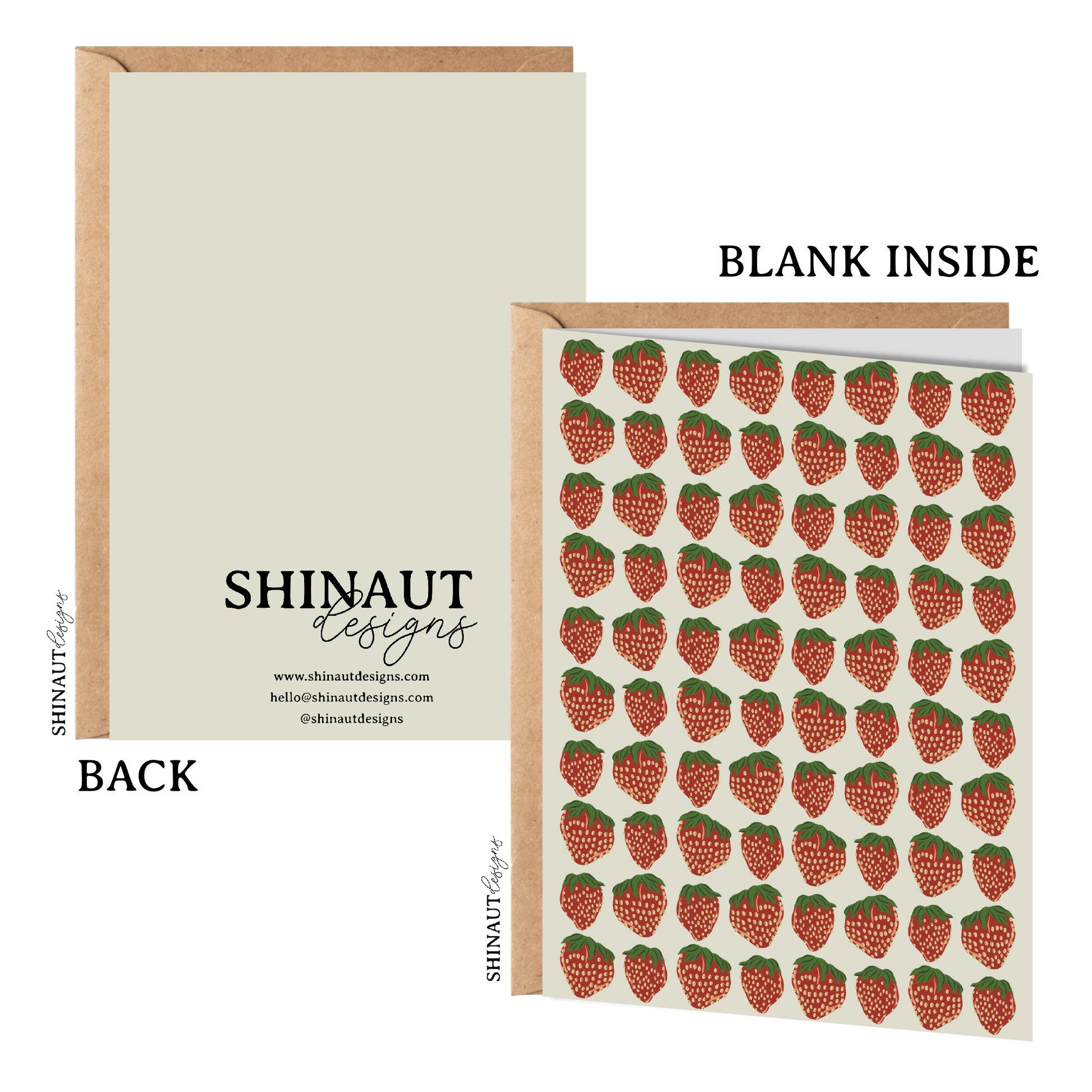 strawberries in a row greeting card with kraft envelope showing front, inside and back of card