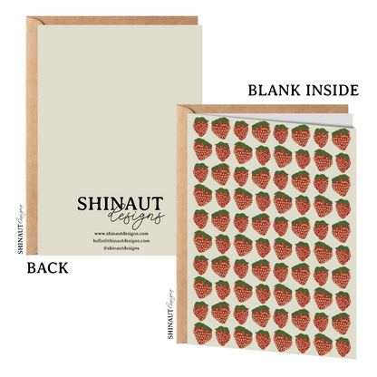 strawberries in a row greeting card with kraft envelope showing front, inside and back of card