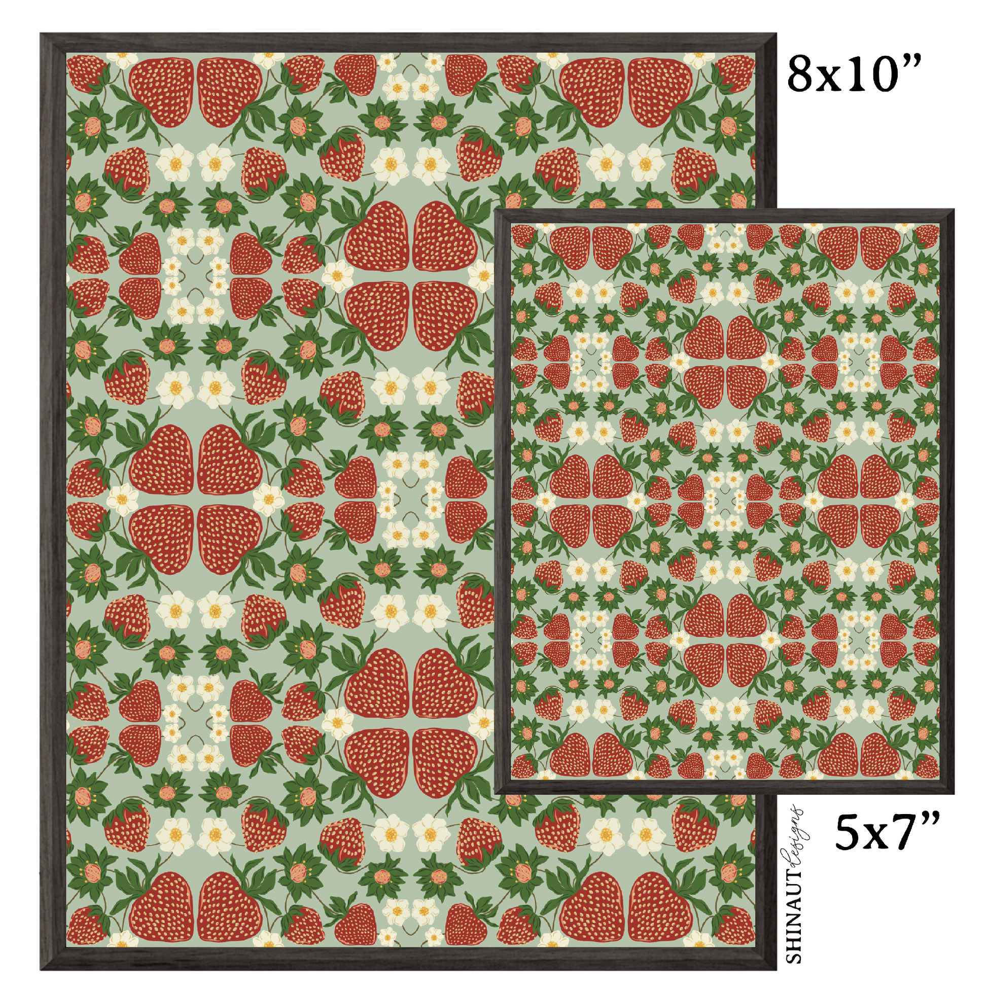 strawberry blooms art print size comparison in black picture frames