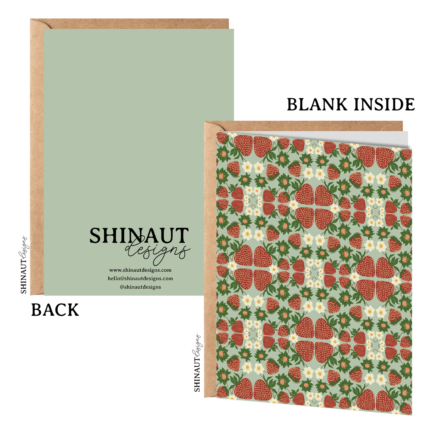 strawberry blooms pattern greeting card with kraft envelope showing front, inside and back of card