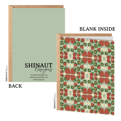 strawberry blooms pattern greeting card with kraft envelope showing front, inside and back of card