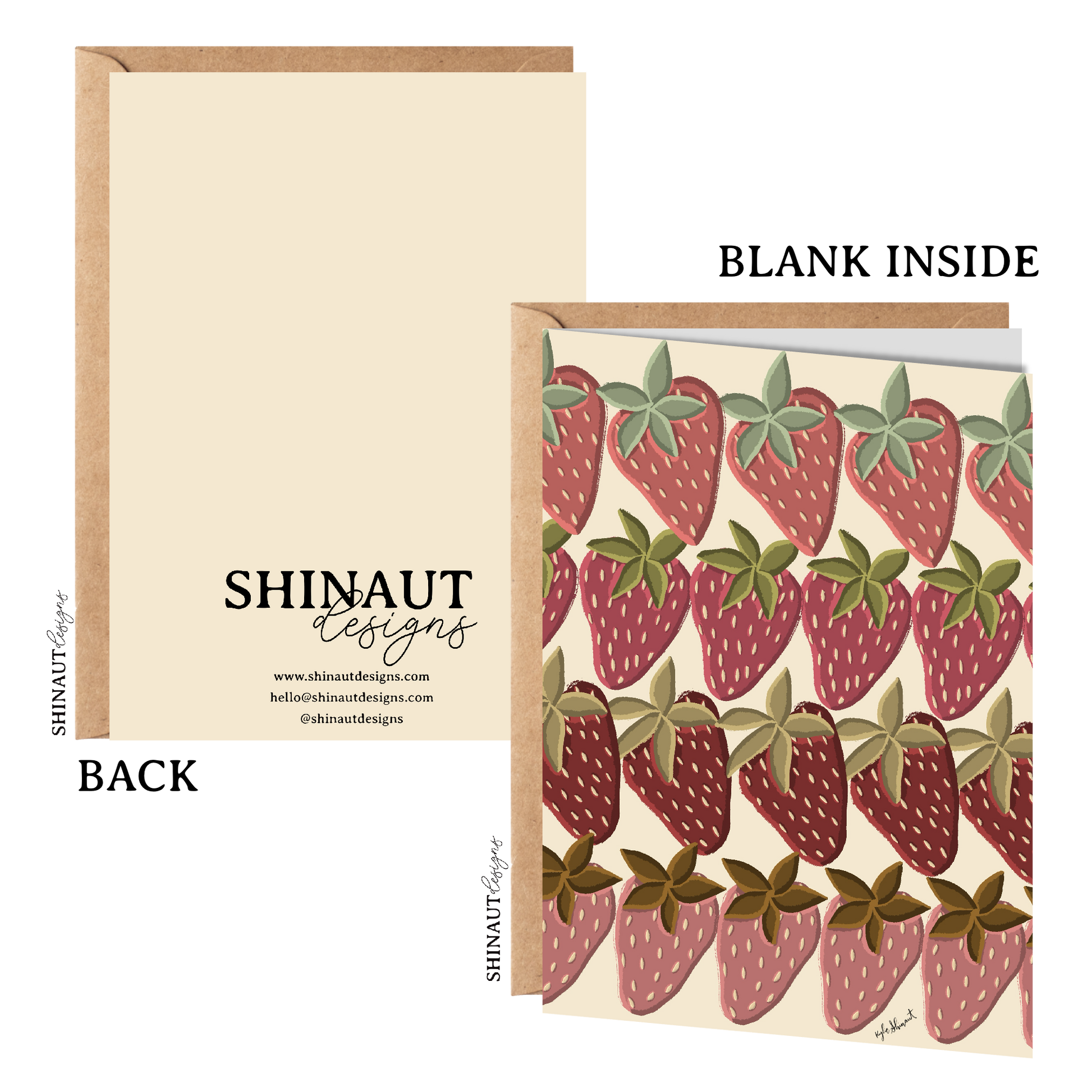 strawberry fields greeting card with kraft envelope showing front, inside and back of card