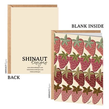 strawberry fields greeting card with kraft envelope showing front, inside and back of card