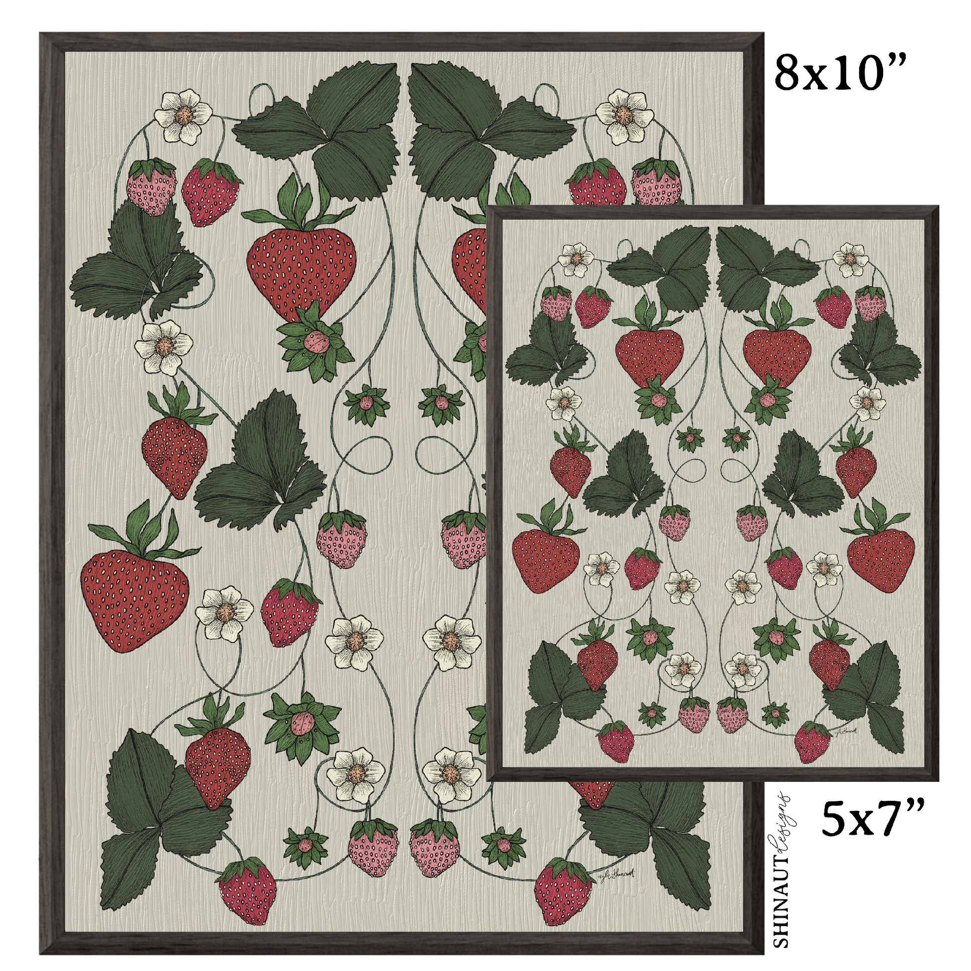 strawberry garden nouveau art print size comparison in black picture frames