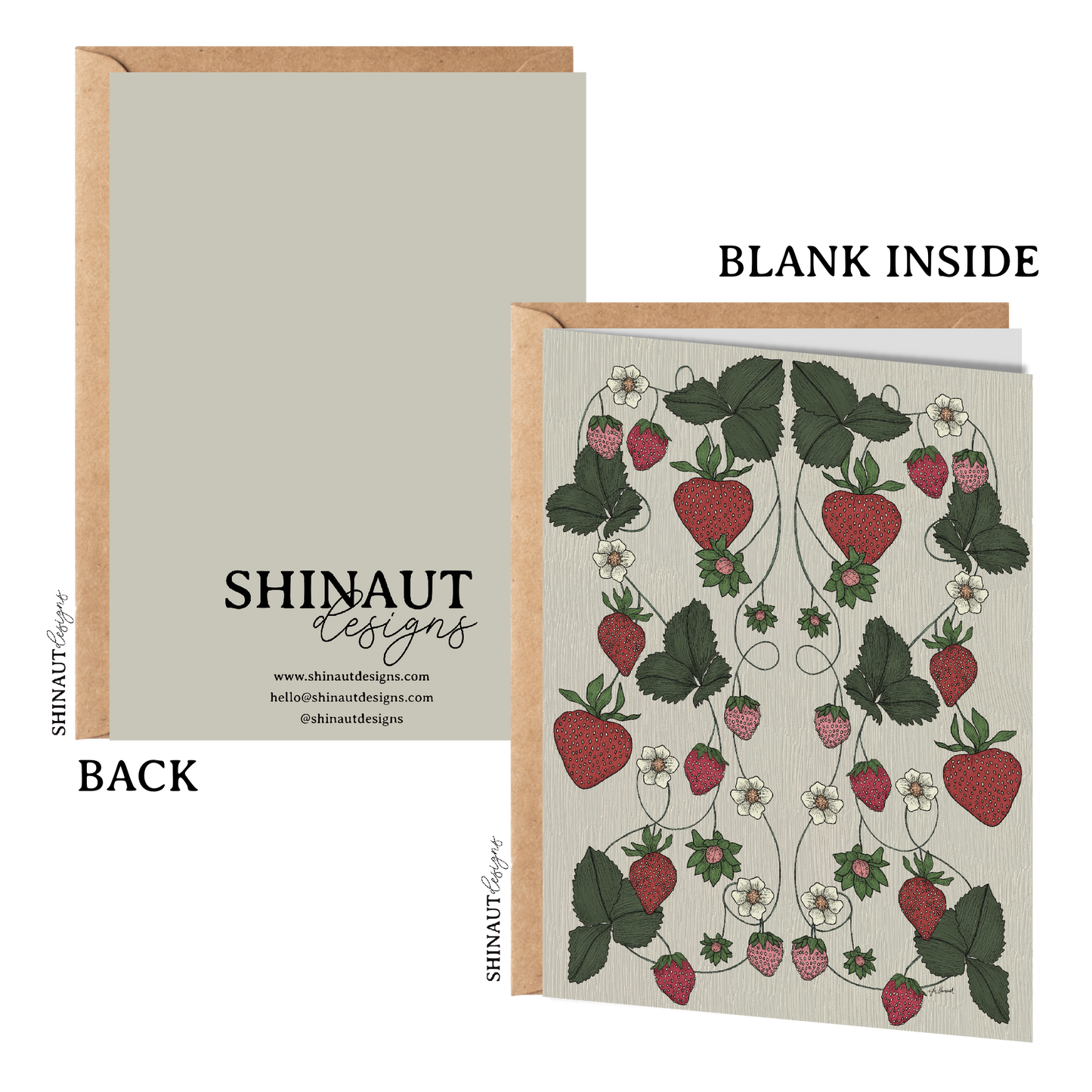 strawberry garden greeting card with kraft envelope showing front, inside and back of card