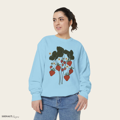 strawberry plant sweatshirt in chambray female model