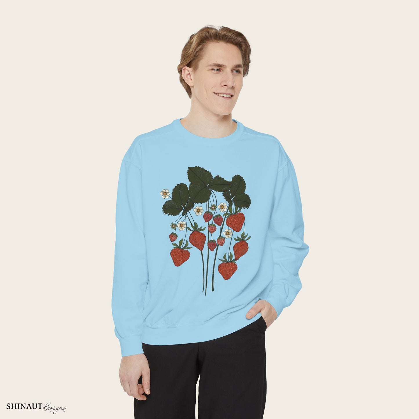 strawberry plant sweatshirt in chambray male model