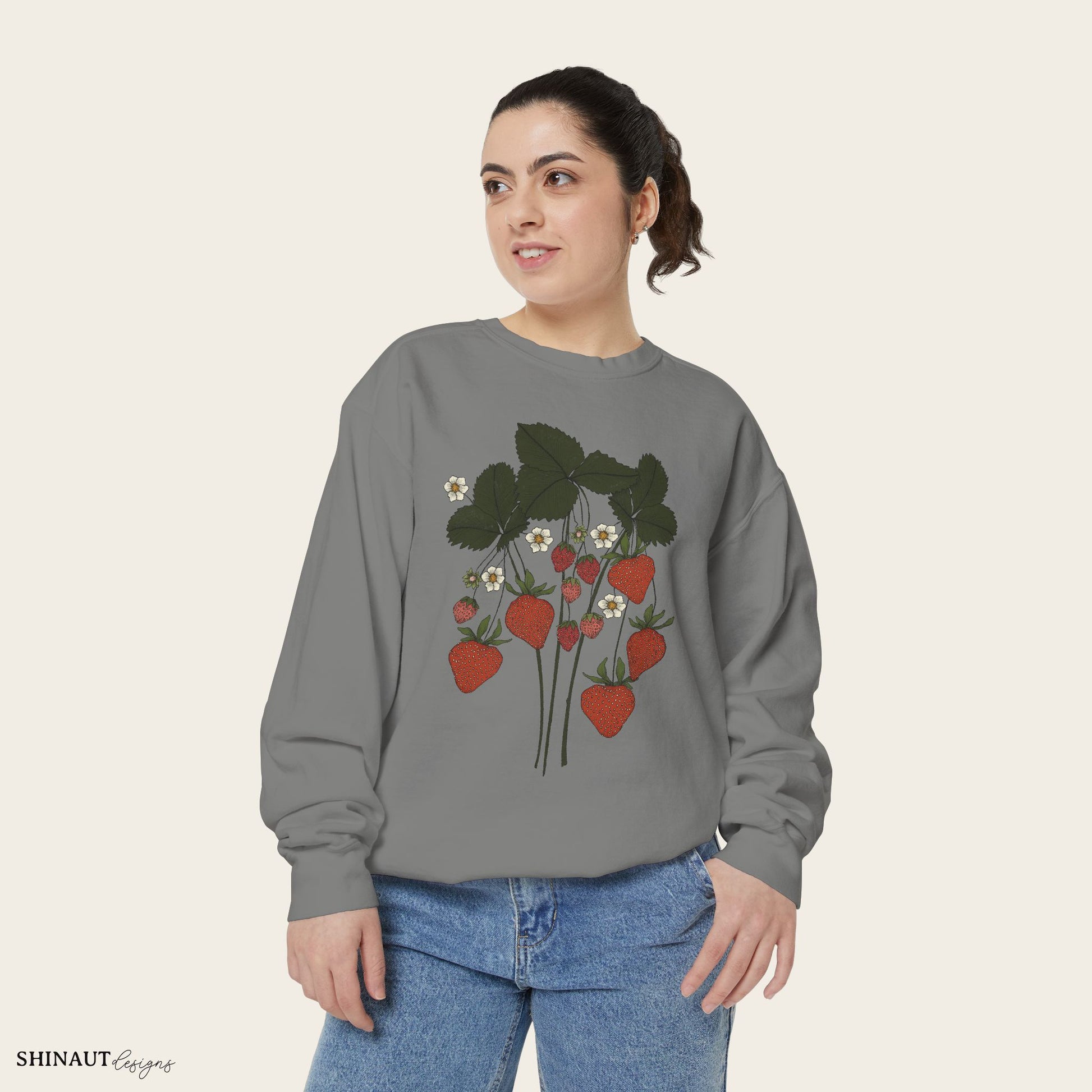 strawberry plant sweatshirt in grey female model