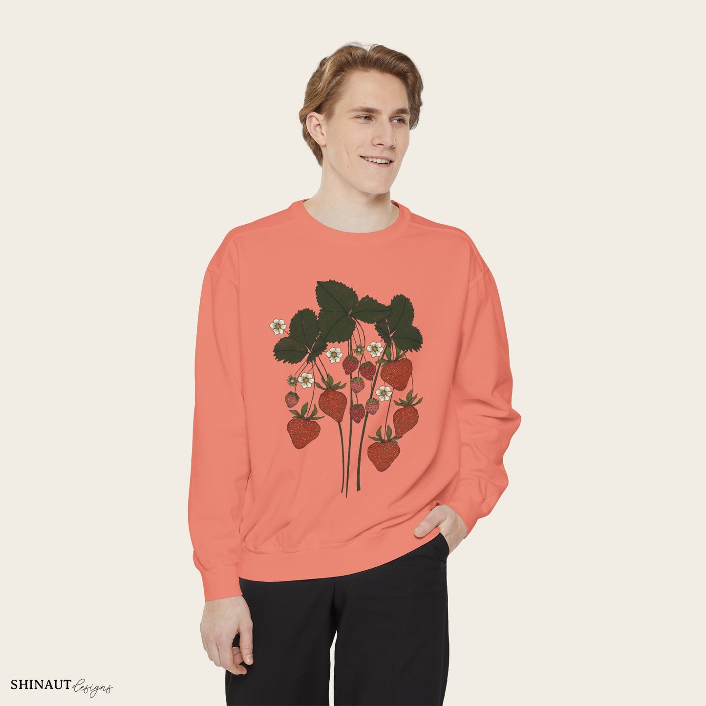 strawberry plant sweatshirt in terracotta male model