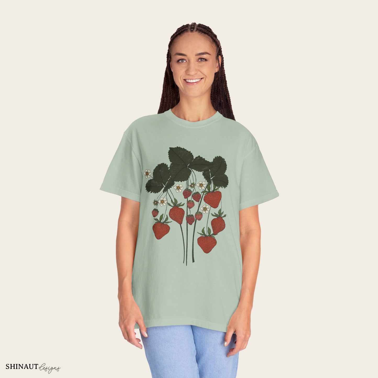 strawberry plant t-shirt in bay female model