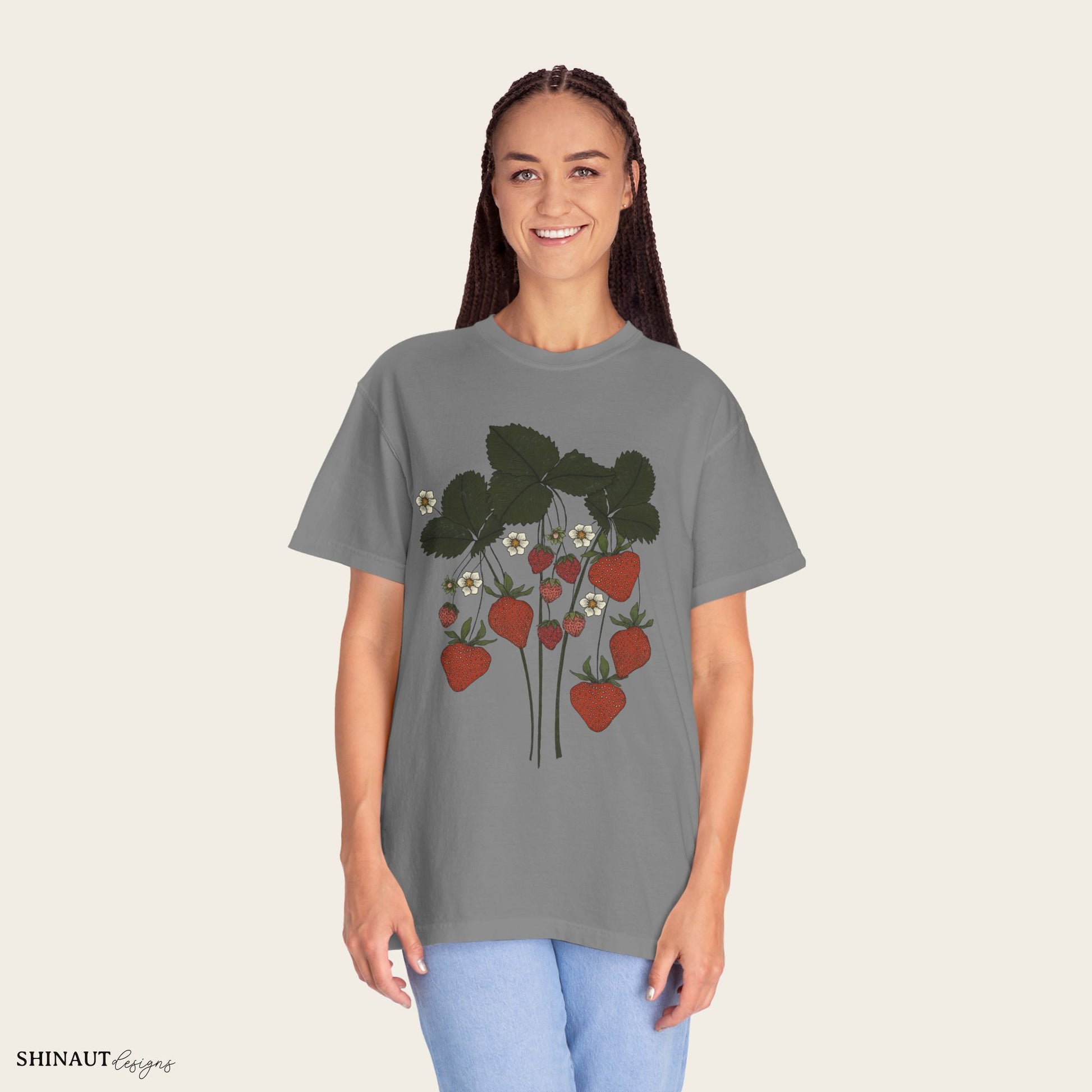 strawberry plant t-shirt in grey female model