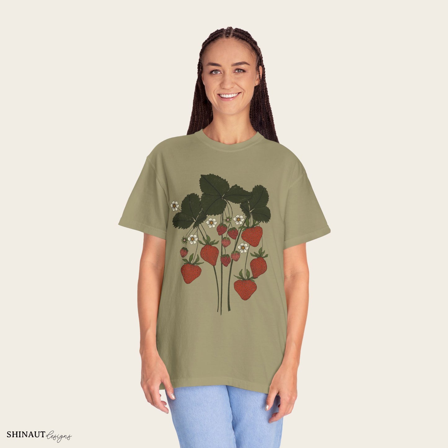 strawberry plant t-shirt in khaki female model