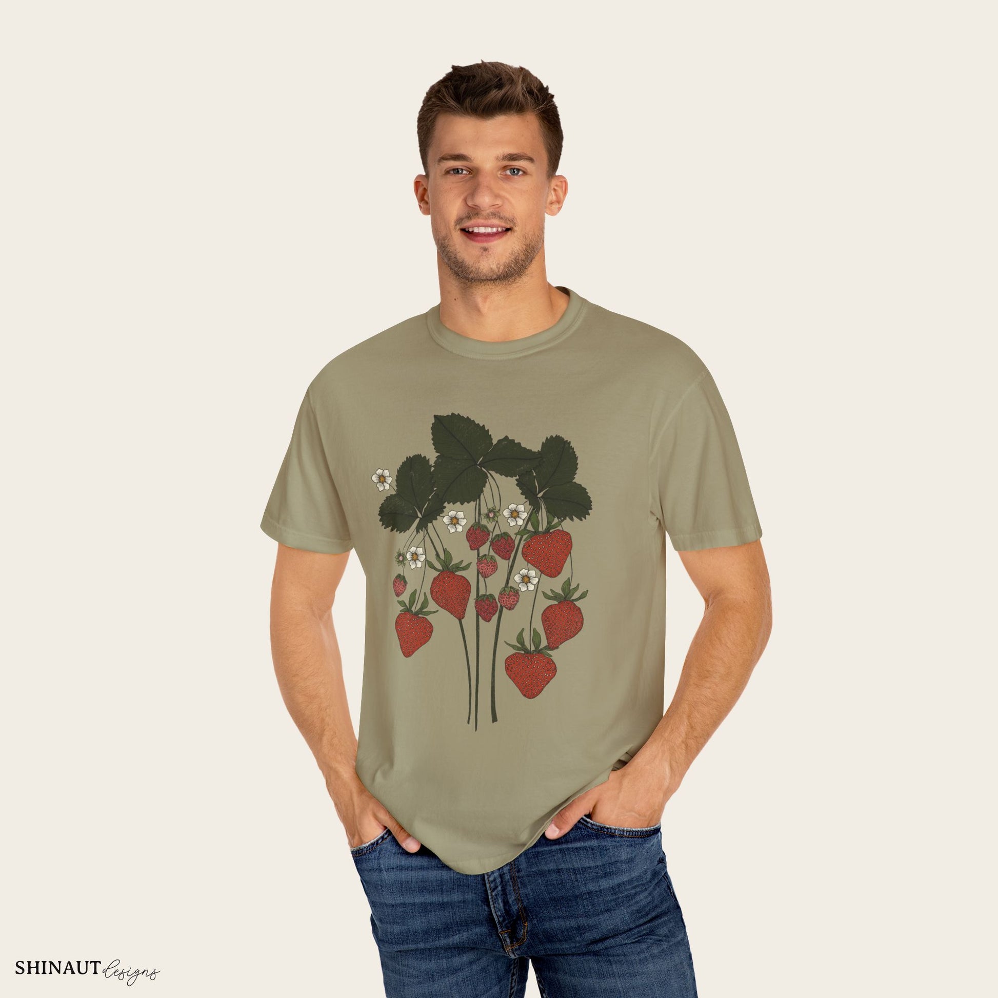 strawberry plant t-shirt in khaki male model