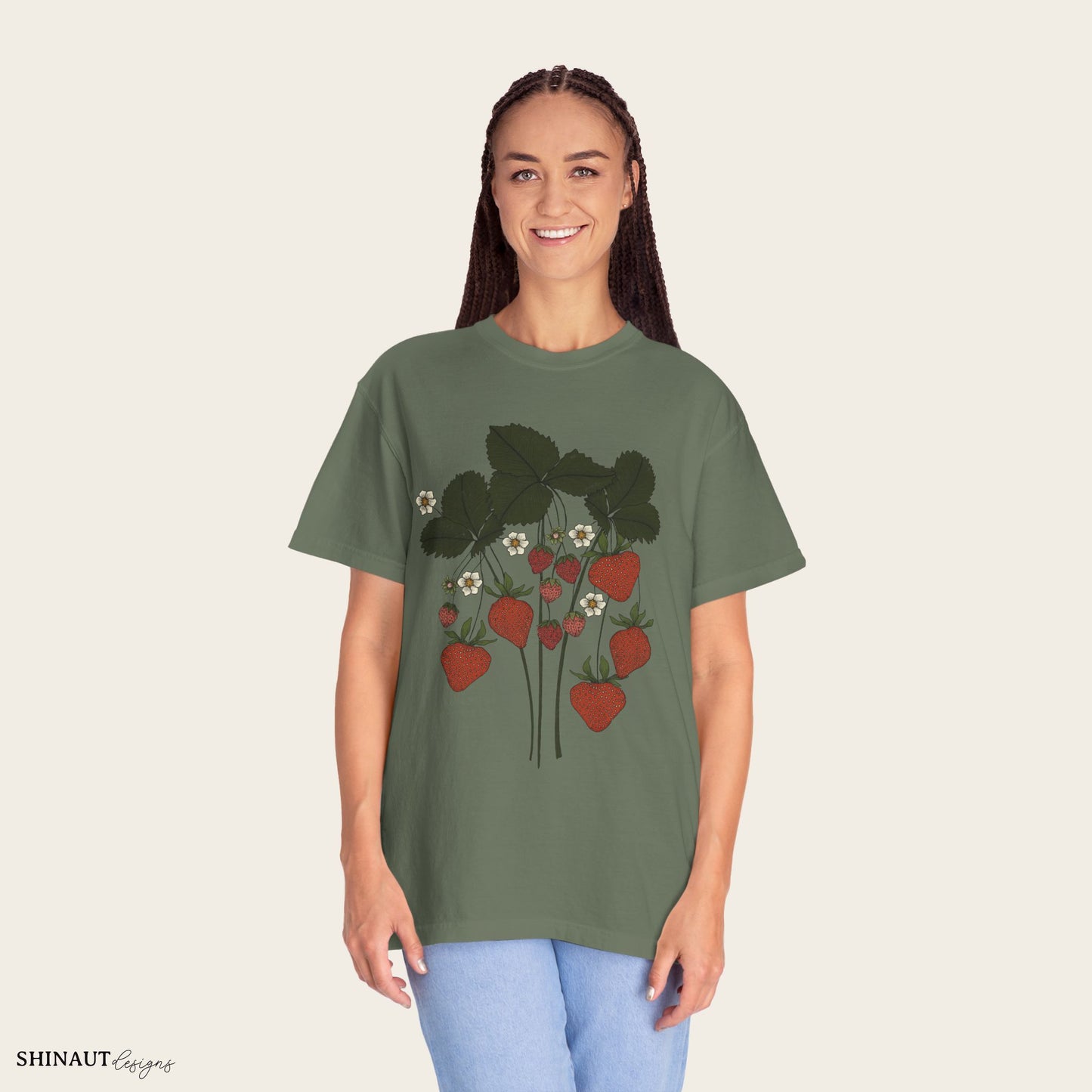 strawberry plant t-shirt in moss female model