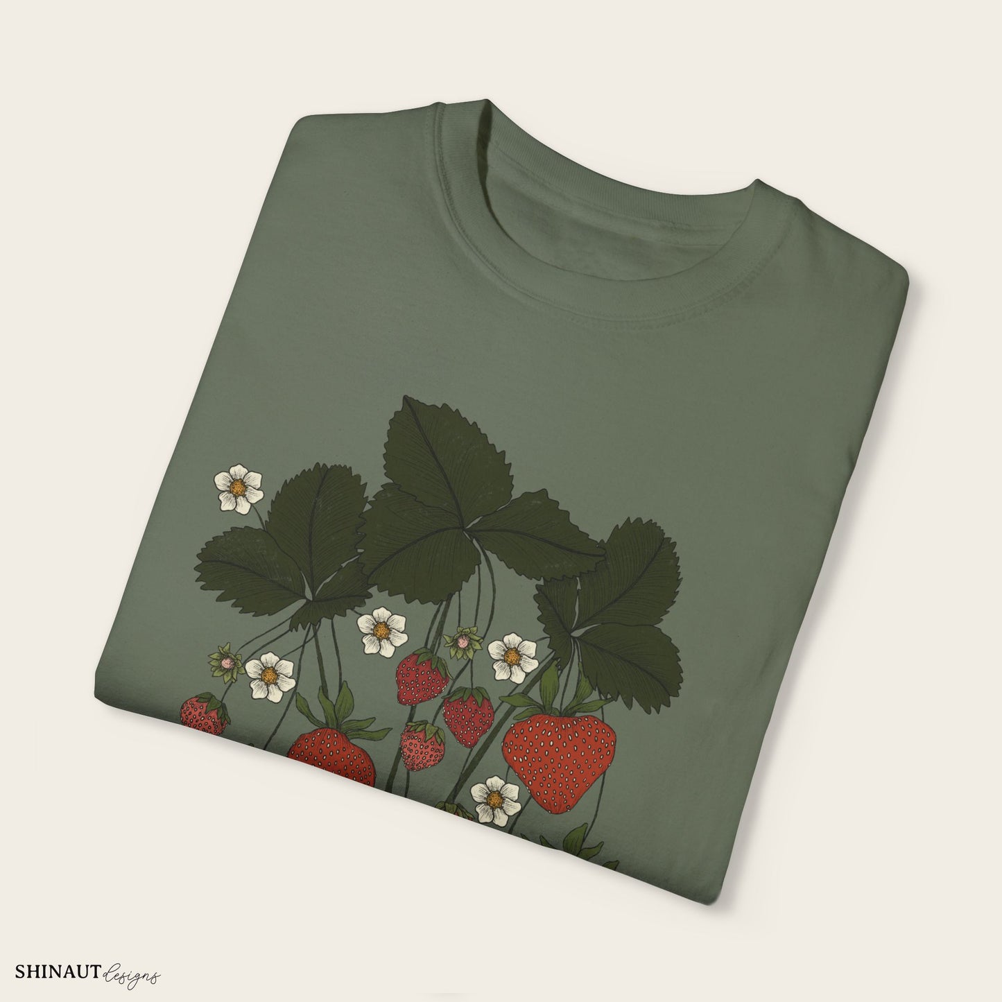 strawberry plant t-shirt in moss folded