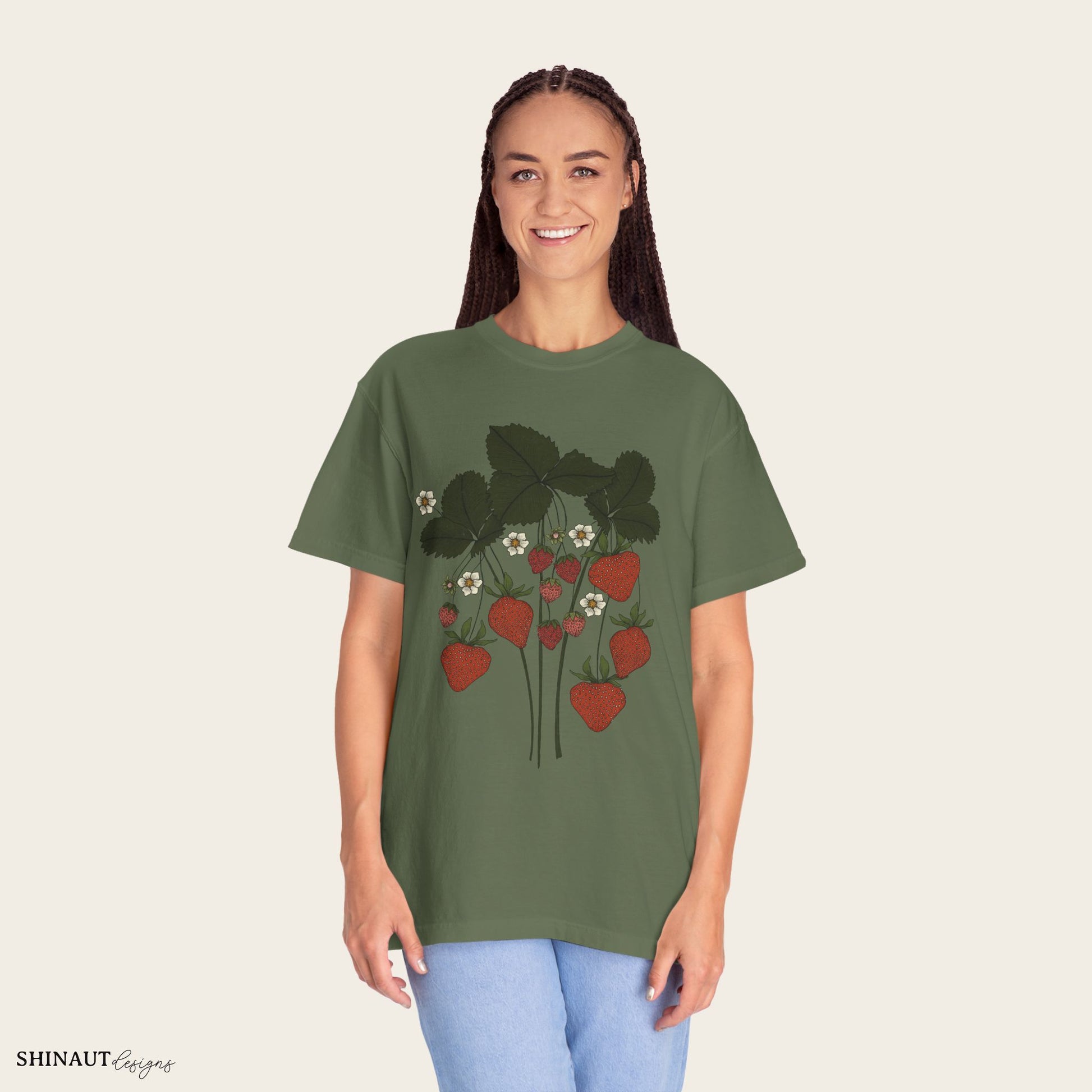 strawberry plant t-shirt in sage female model