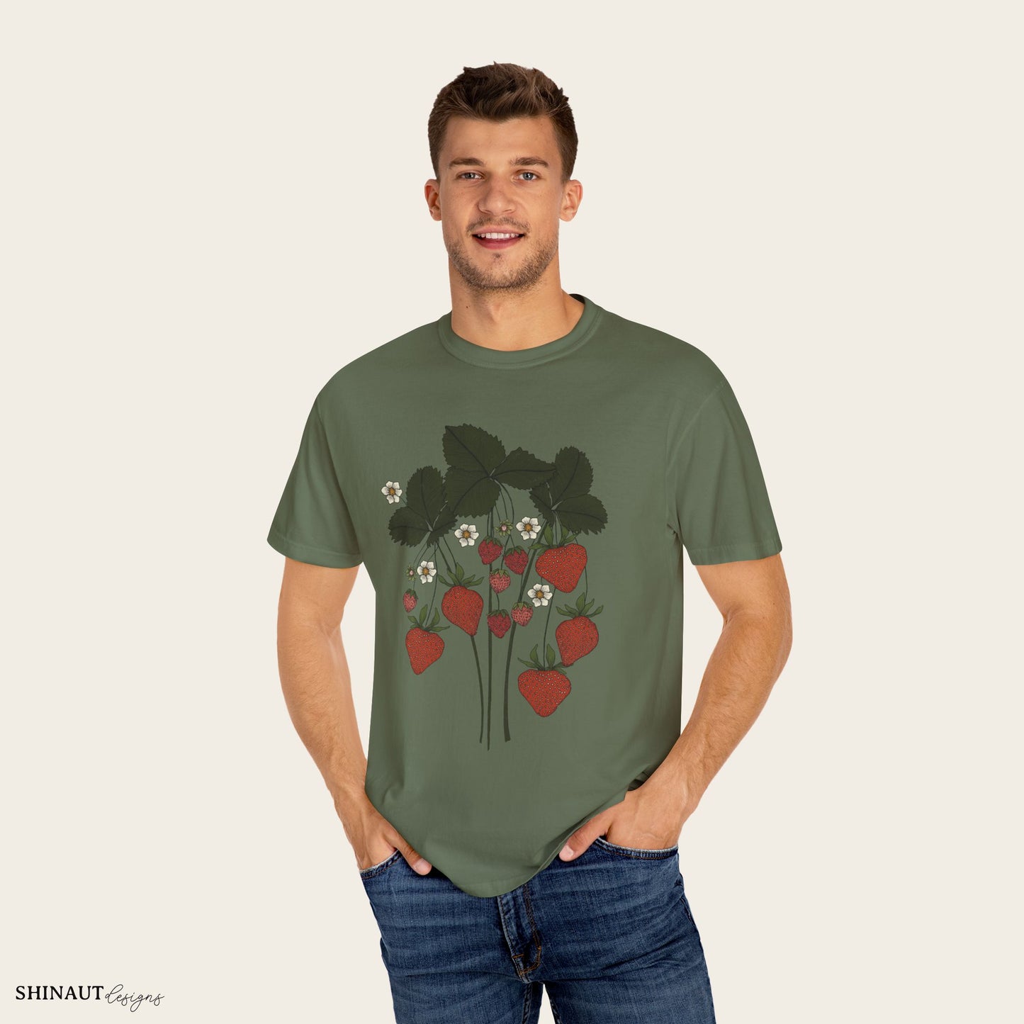 strawberry plant t-shirt in sage male model