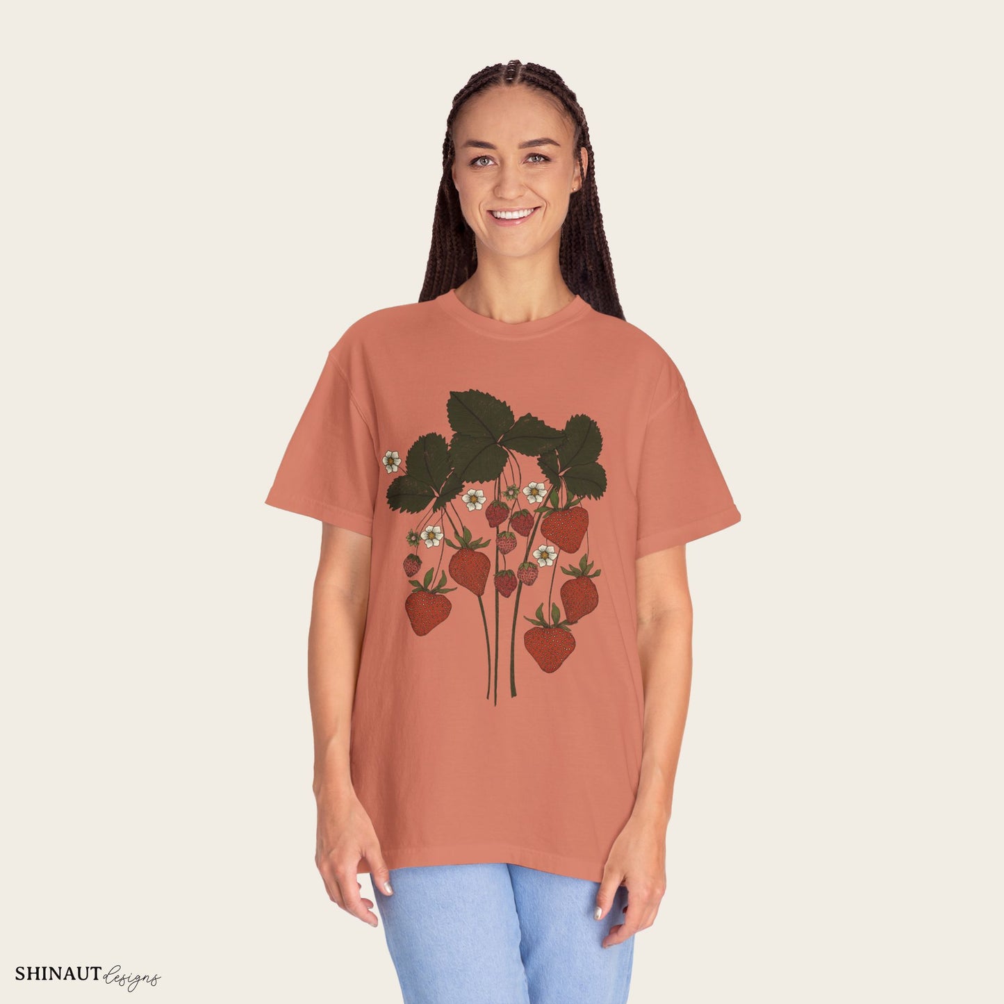 strawberry plant t-shirt in terracotta female model 