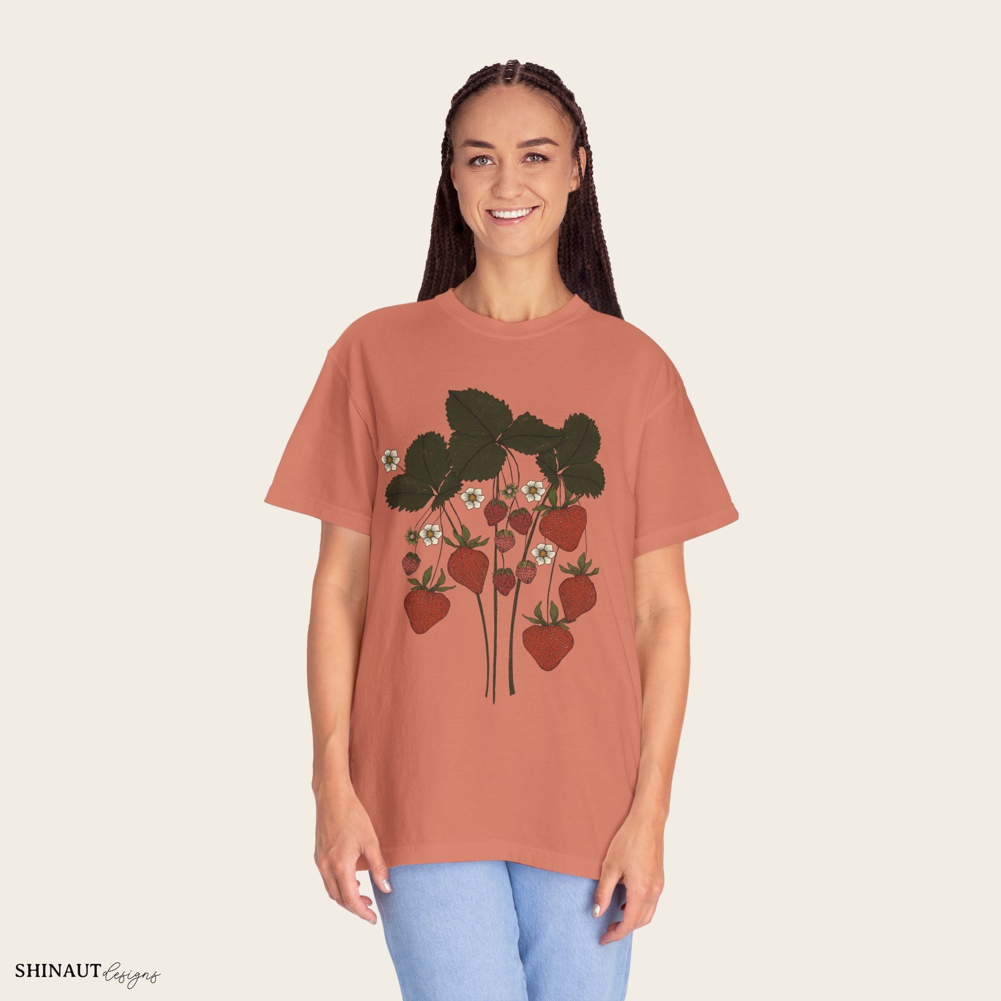 strawberry plant t-shirt in terracotta female model 