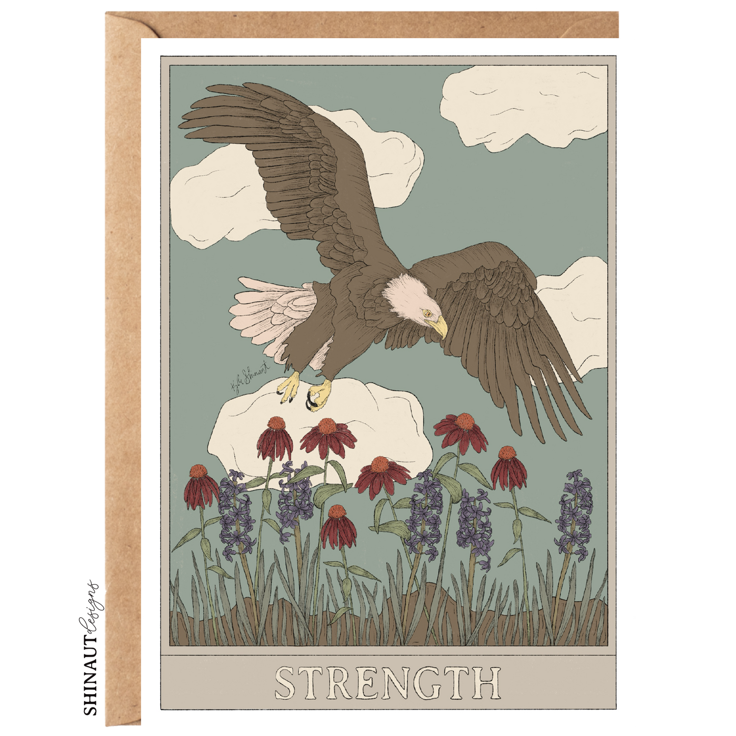 strength tarot greeting card with kraft envelope