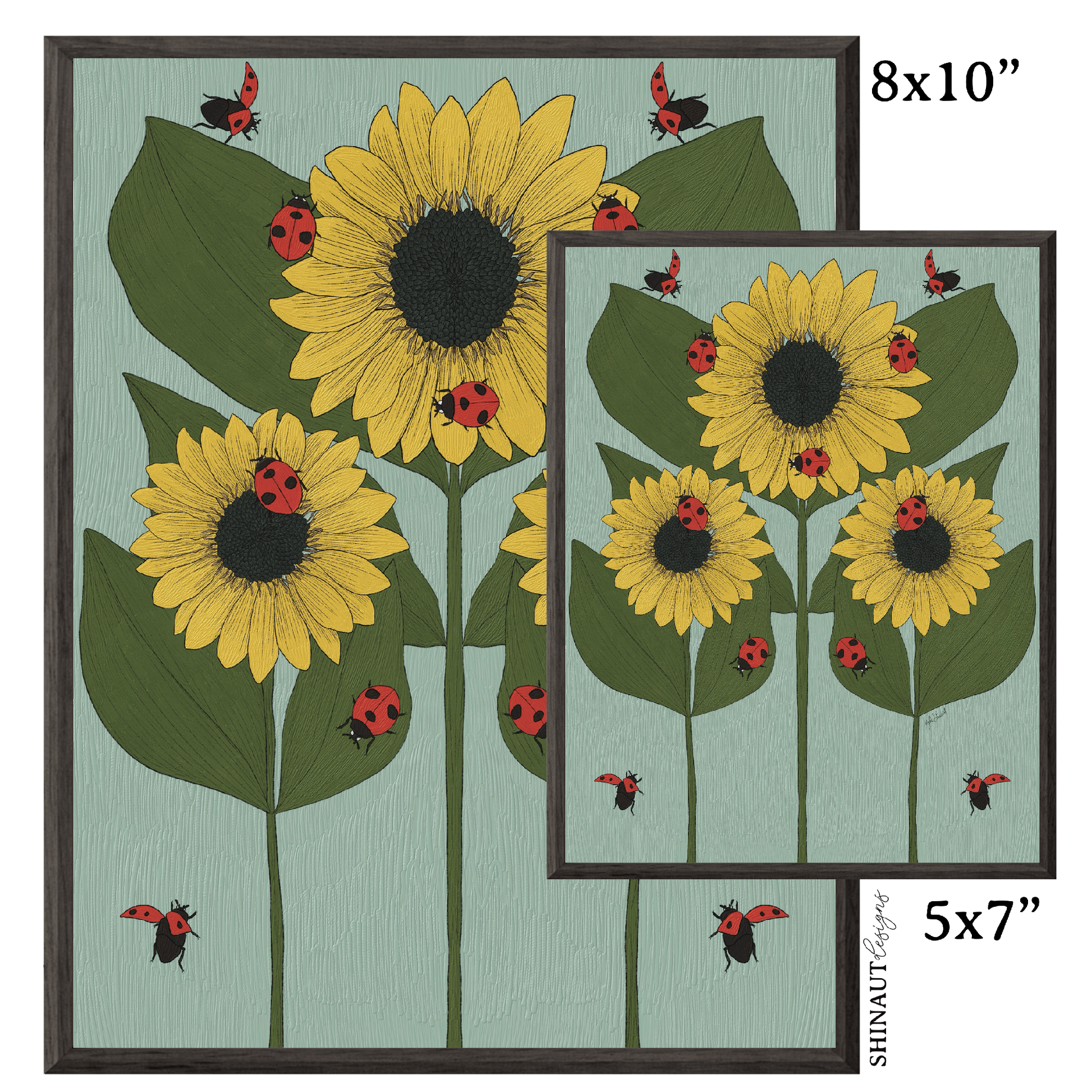 sunflower and ladybug nouveau art print size comparison in black picture frames