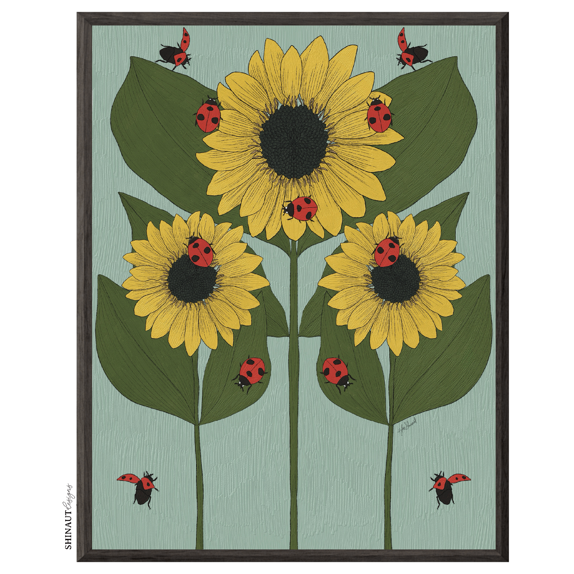 sunflower and ladybug nouveau art print in black picture frame