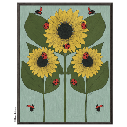 sunflower and ladybug nouveau art print in black picture frame