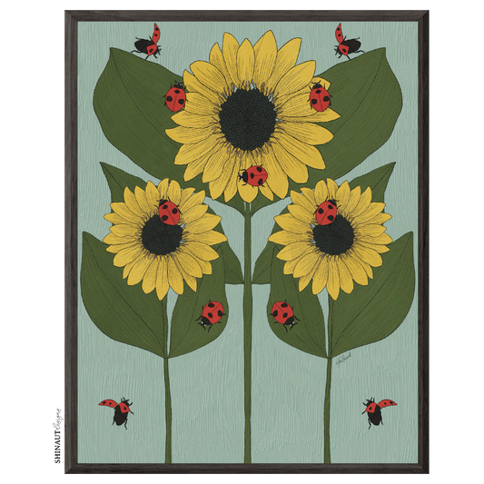 sunflower and ladybug nouveau art print in black picture frame