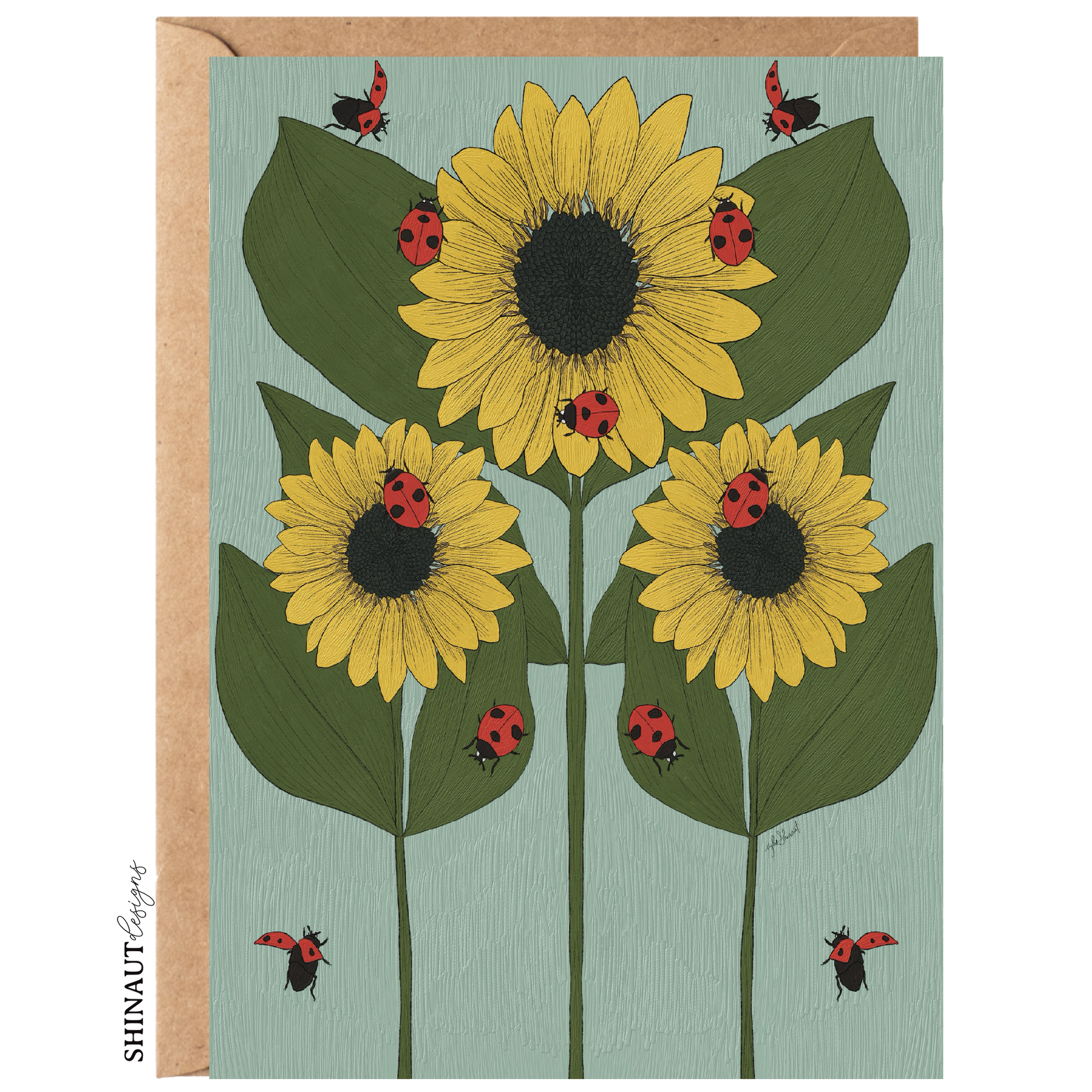 sunflower and ladybug nouveau greeting card with kraft envelope