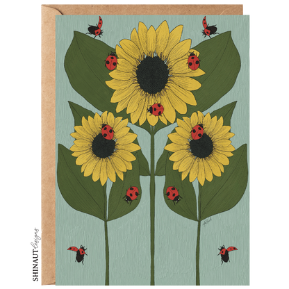 sunflower and ladybug nouveau greeting card with kraft envelope