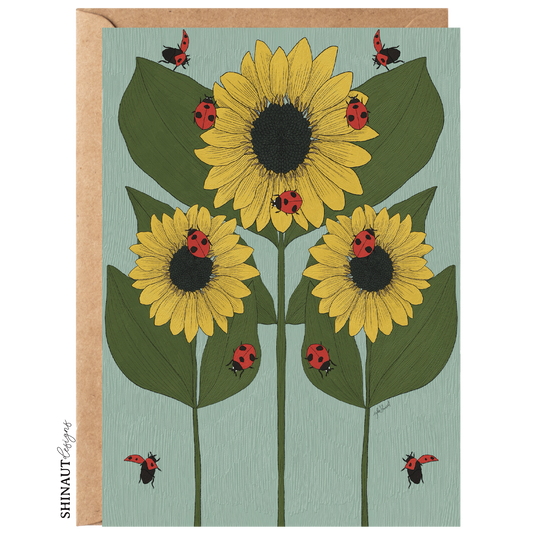 sunflower and ladybug nouveau greeting card with kraft envelope