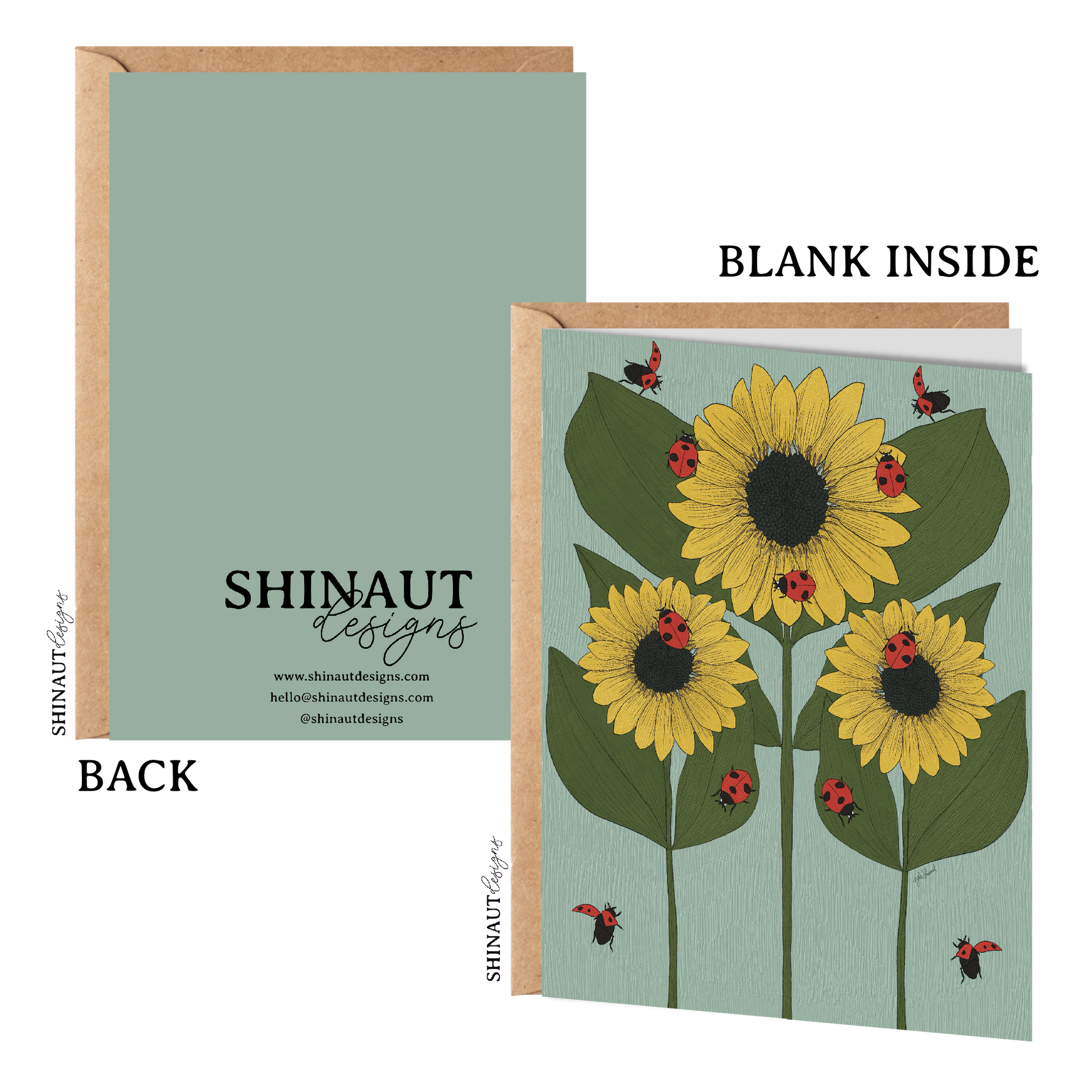 sunflower and ladybug nouveau greeting card with kraft envelope showing front, inside and back of card