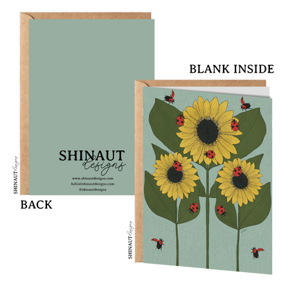 sunflower and ladybug nouveau greeting card with kraft envelope showing front, inside and back of card