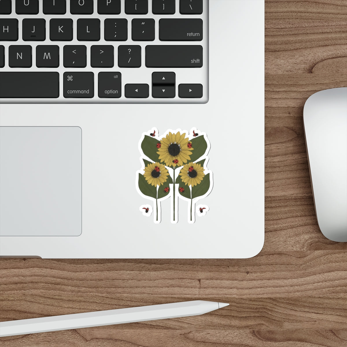 sunflower plant & Ladybugs Die-Cut_Stickers on laptop