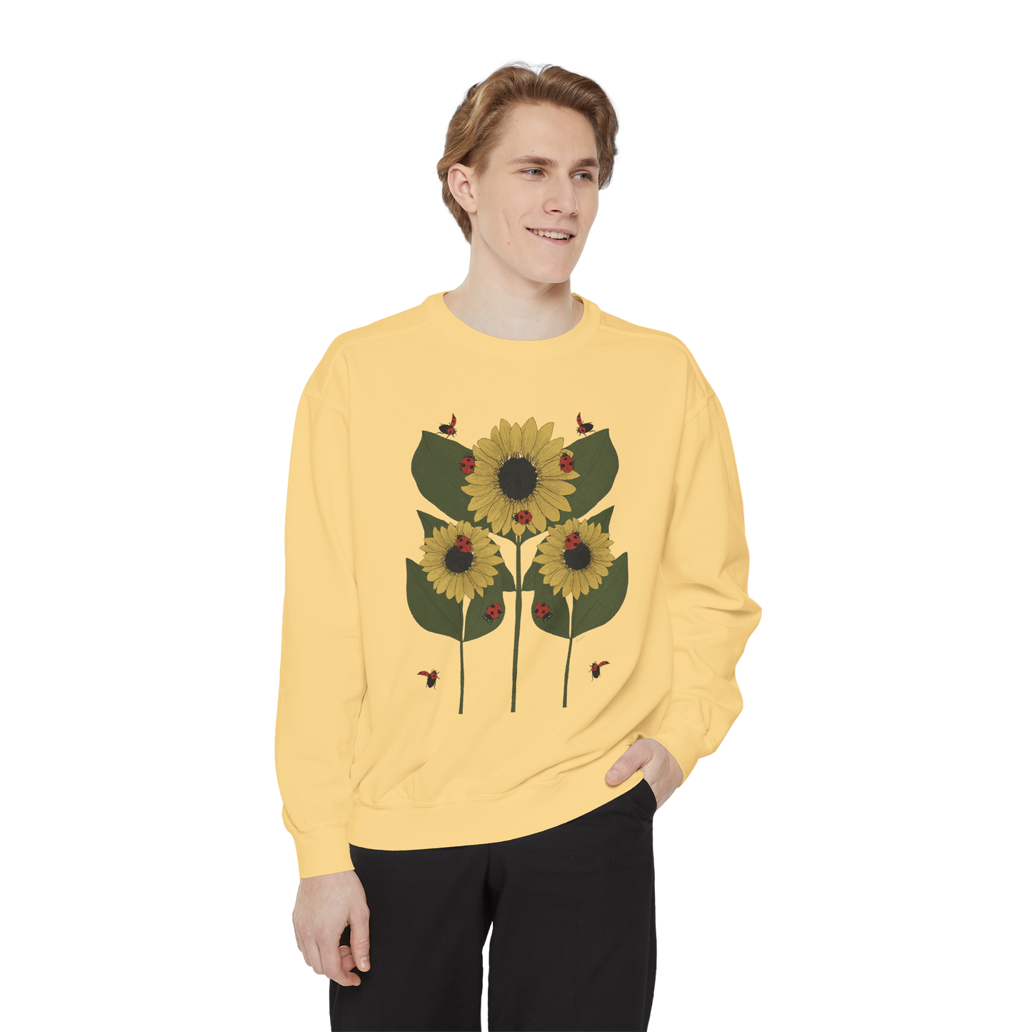 sunflower plant crewneck in butter male model