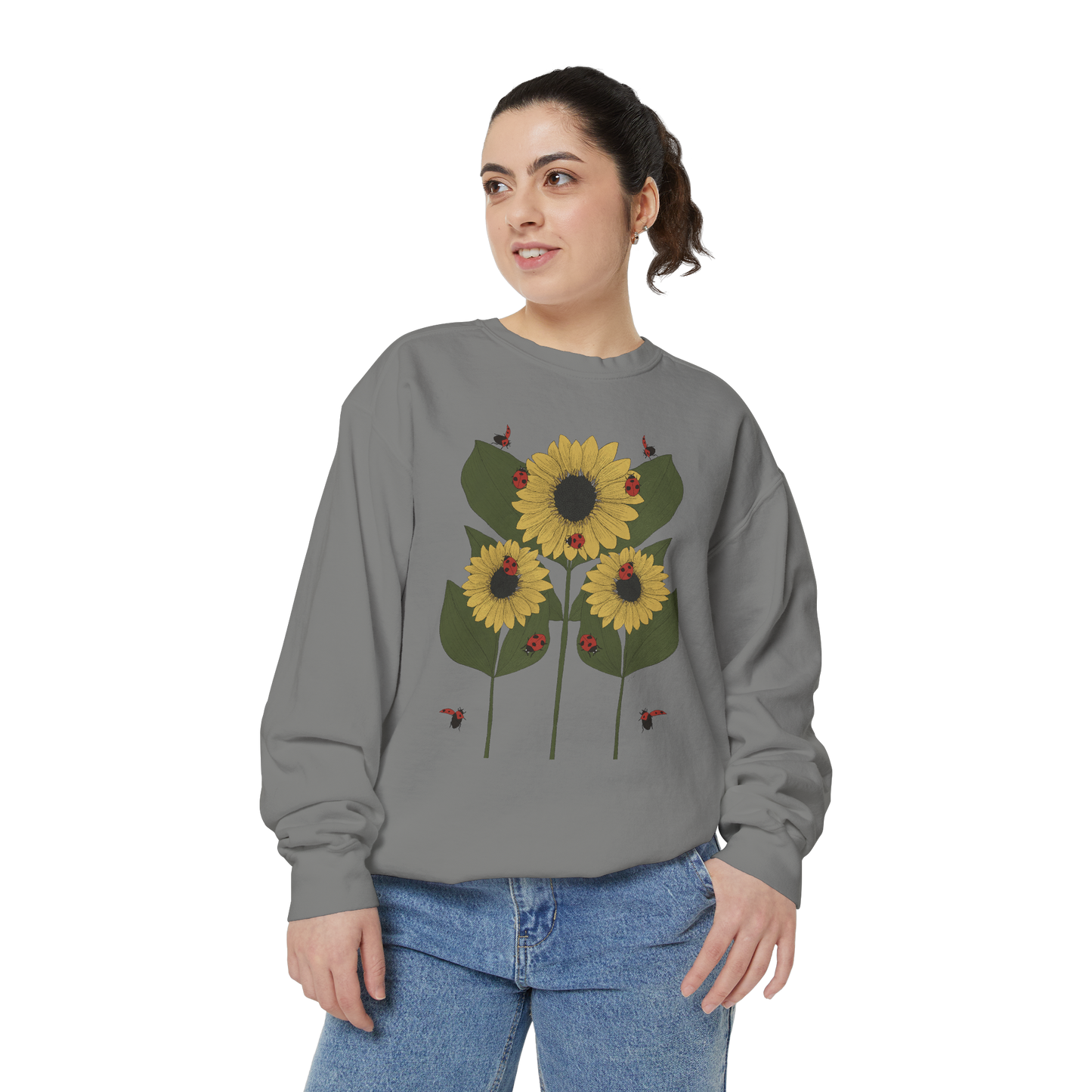 sunflower plant crewneck in gray female model