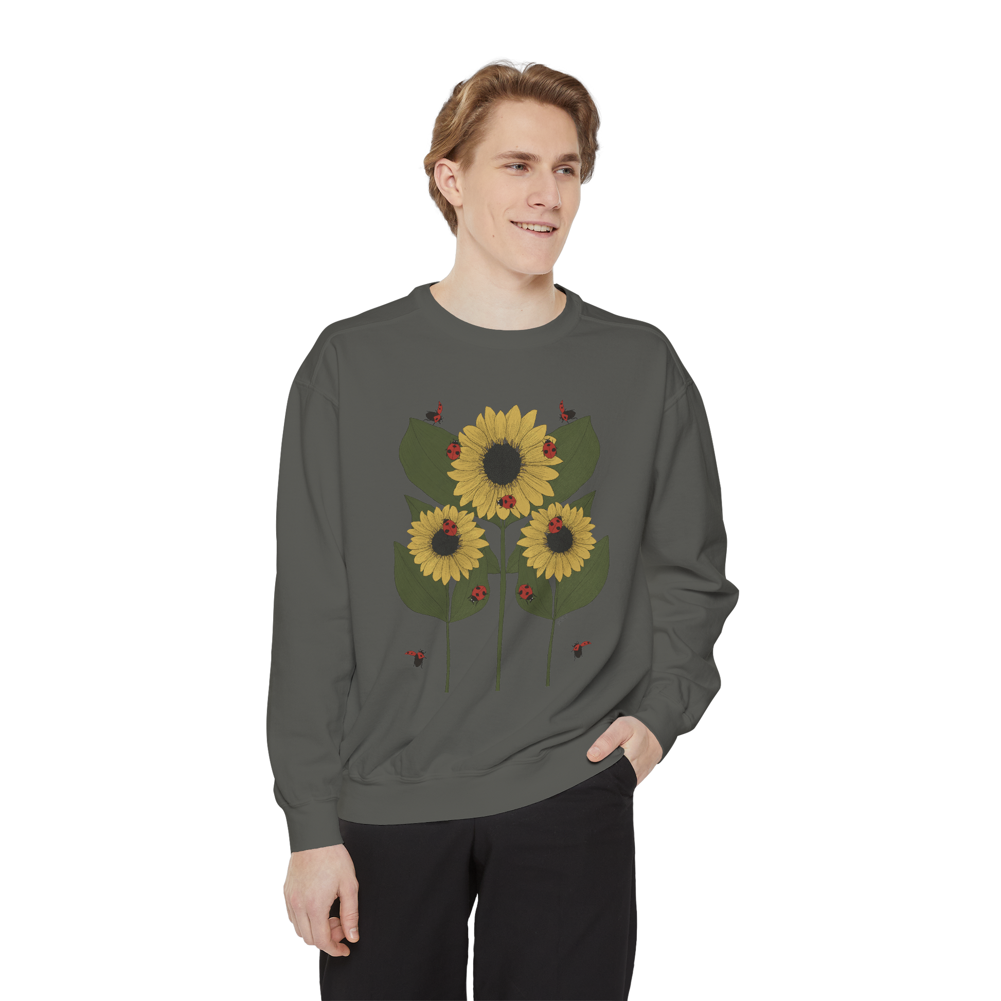 sunflower plant crewneck in pepper male model