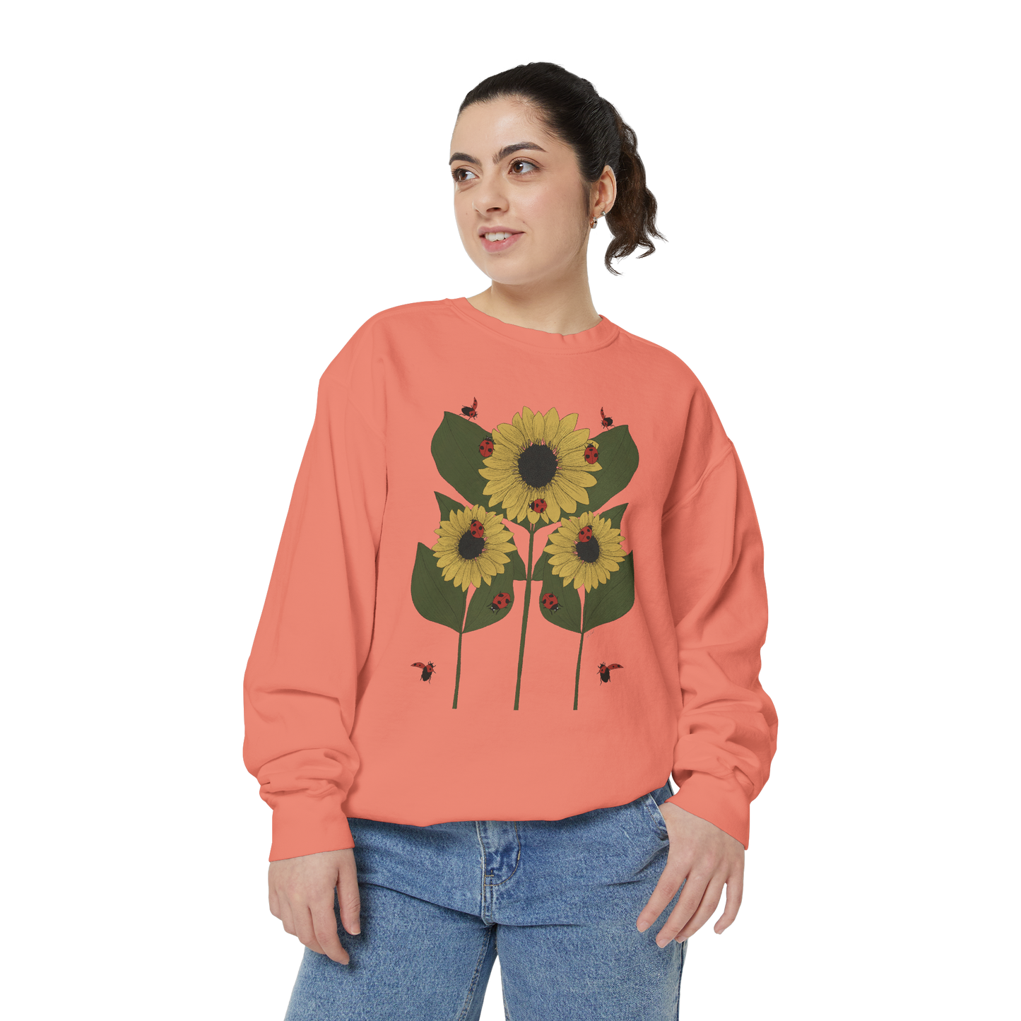 sunflower plant crewneck in terracotta female model