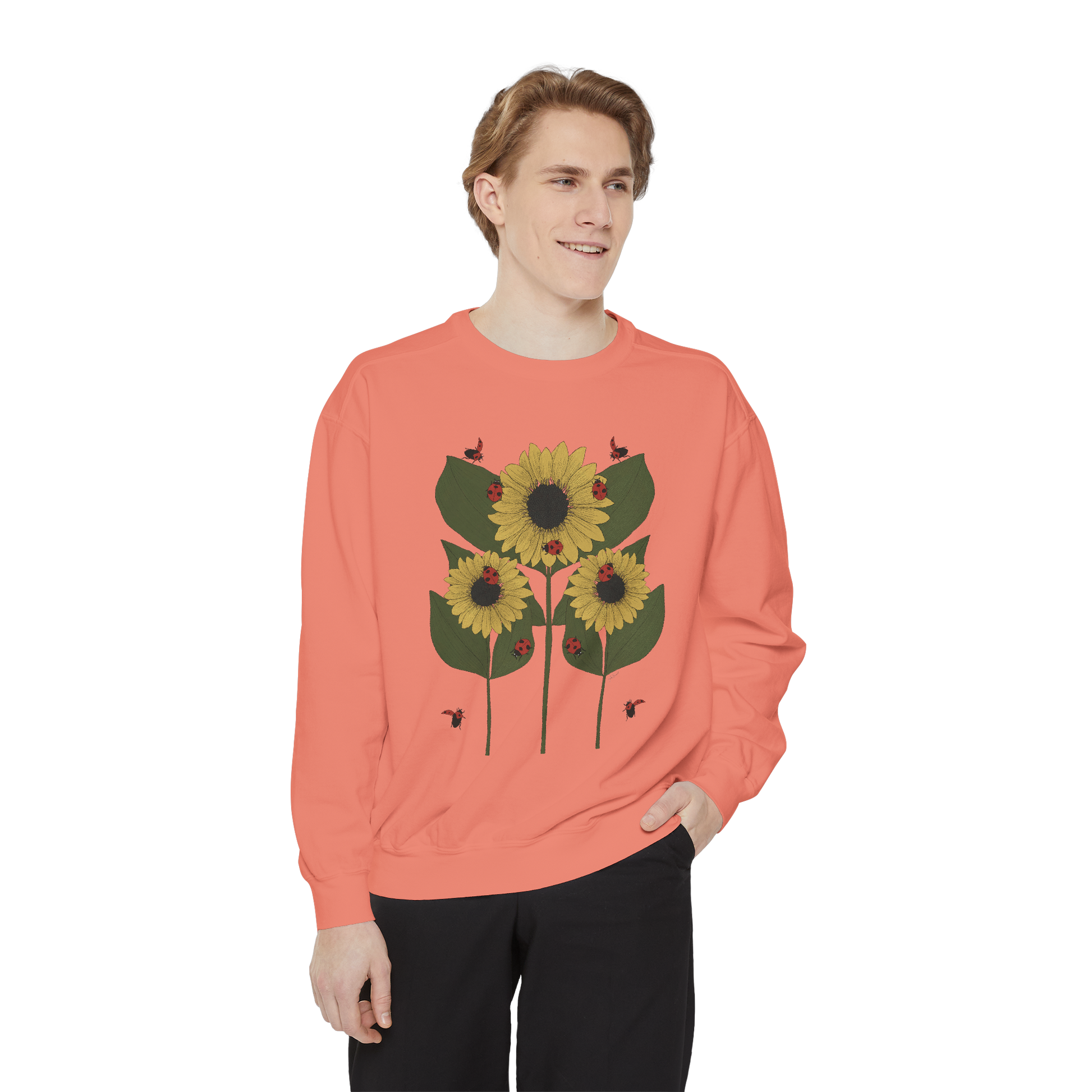 sunflower plant crewneck in terracotta male model