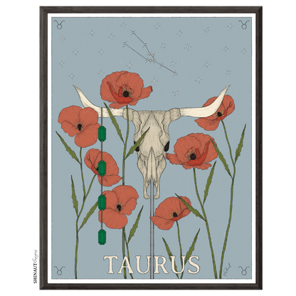 taurus zodiac art print in a black picture frame