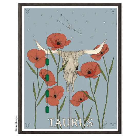 taurus zodiac art print in a black picture frame