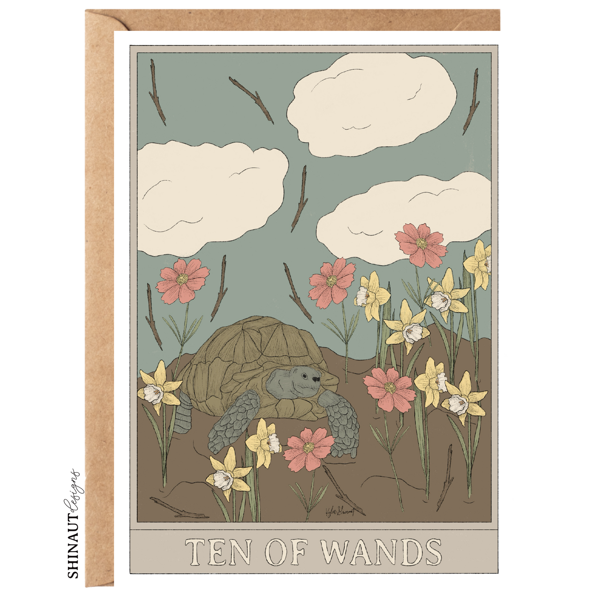 ten of wands tarot greeting card with kraft envelope