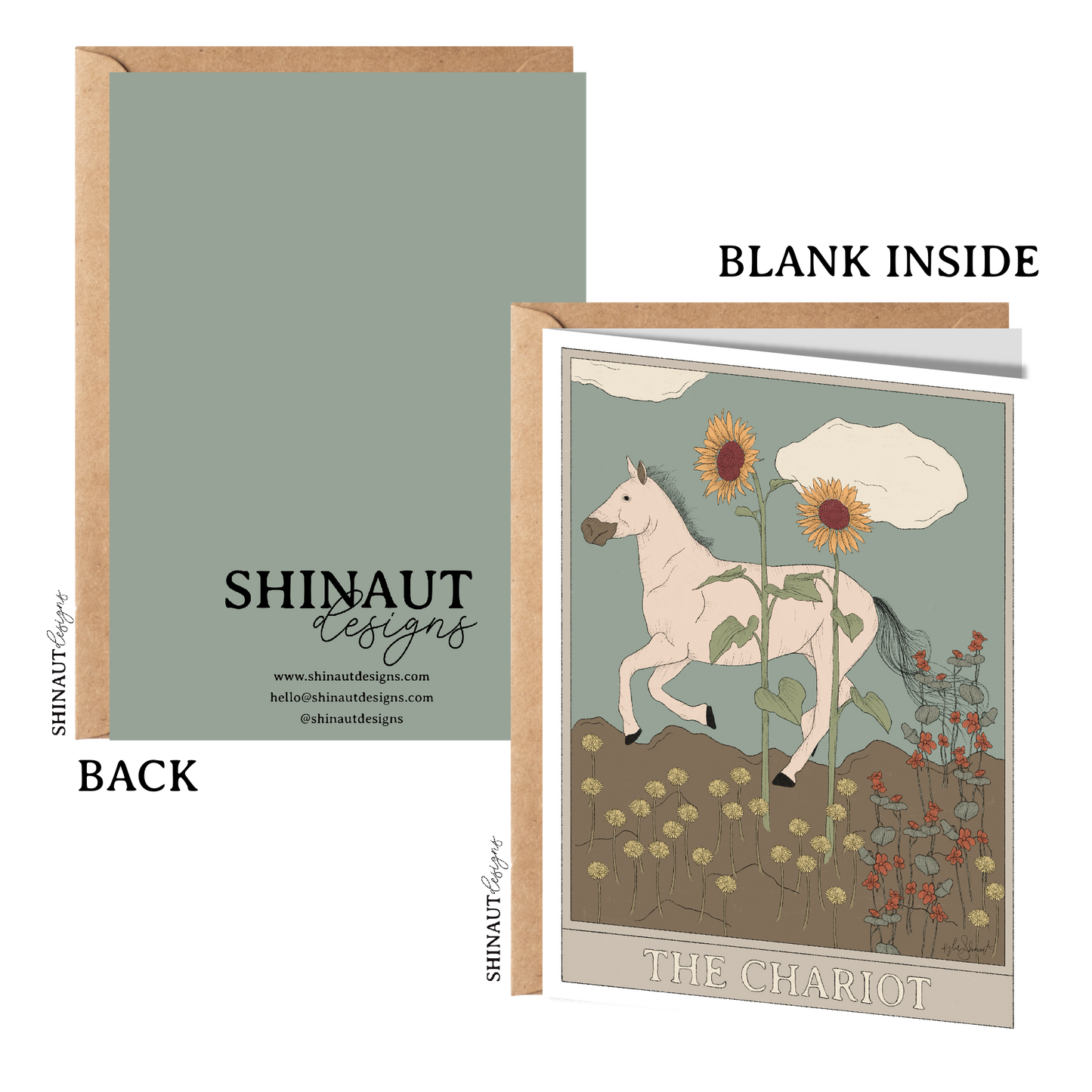 the chariot tarot greeting card with kraft envelope showing front, inside and back of card