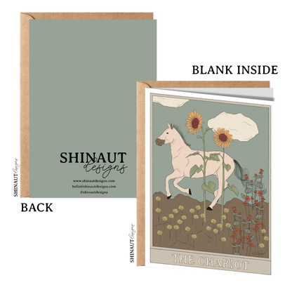 the chariot tarot greeting card with kraft envelope showing front, inside and back of card