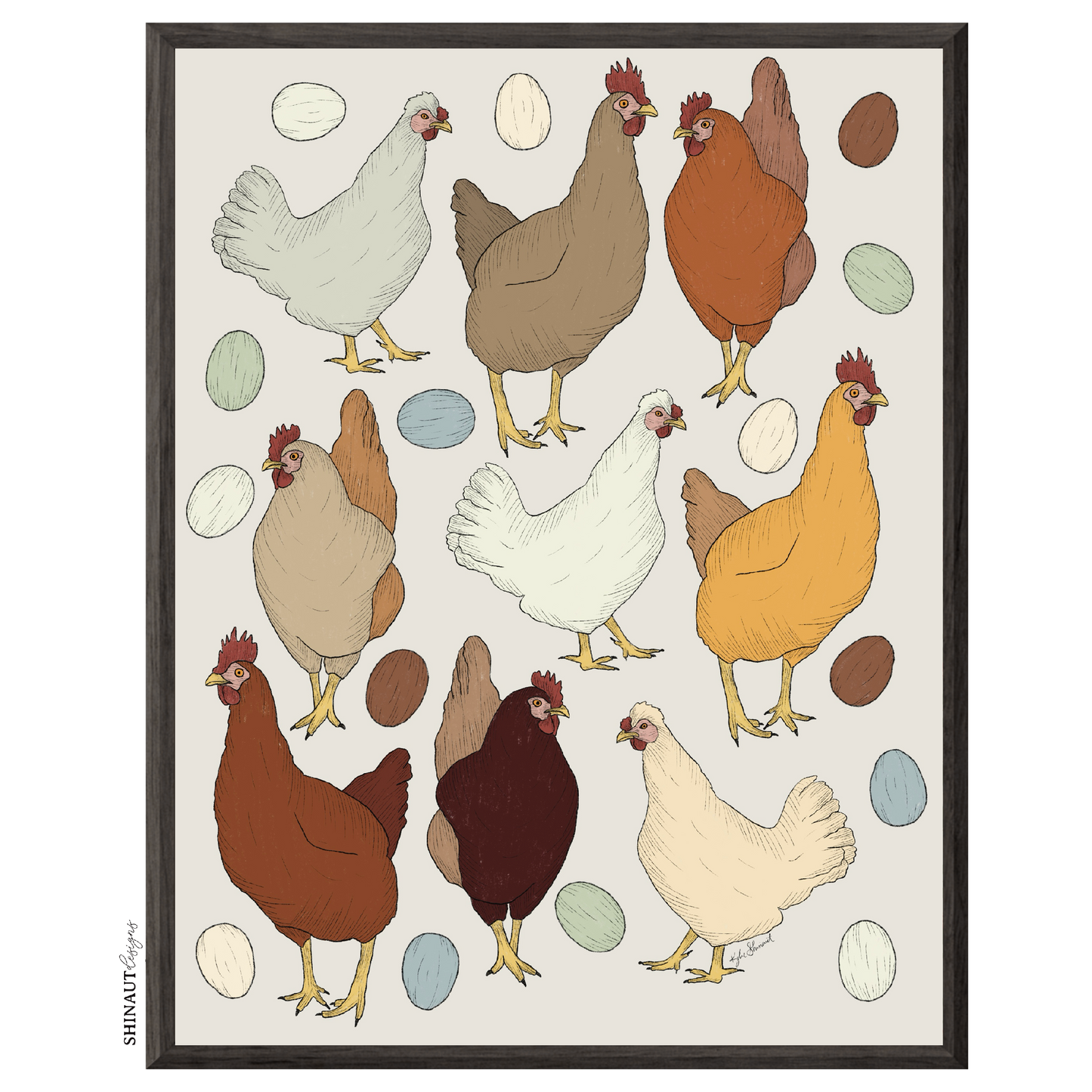 the chicken or the egg art print in black picture frames